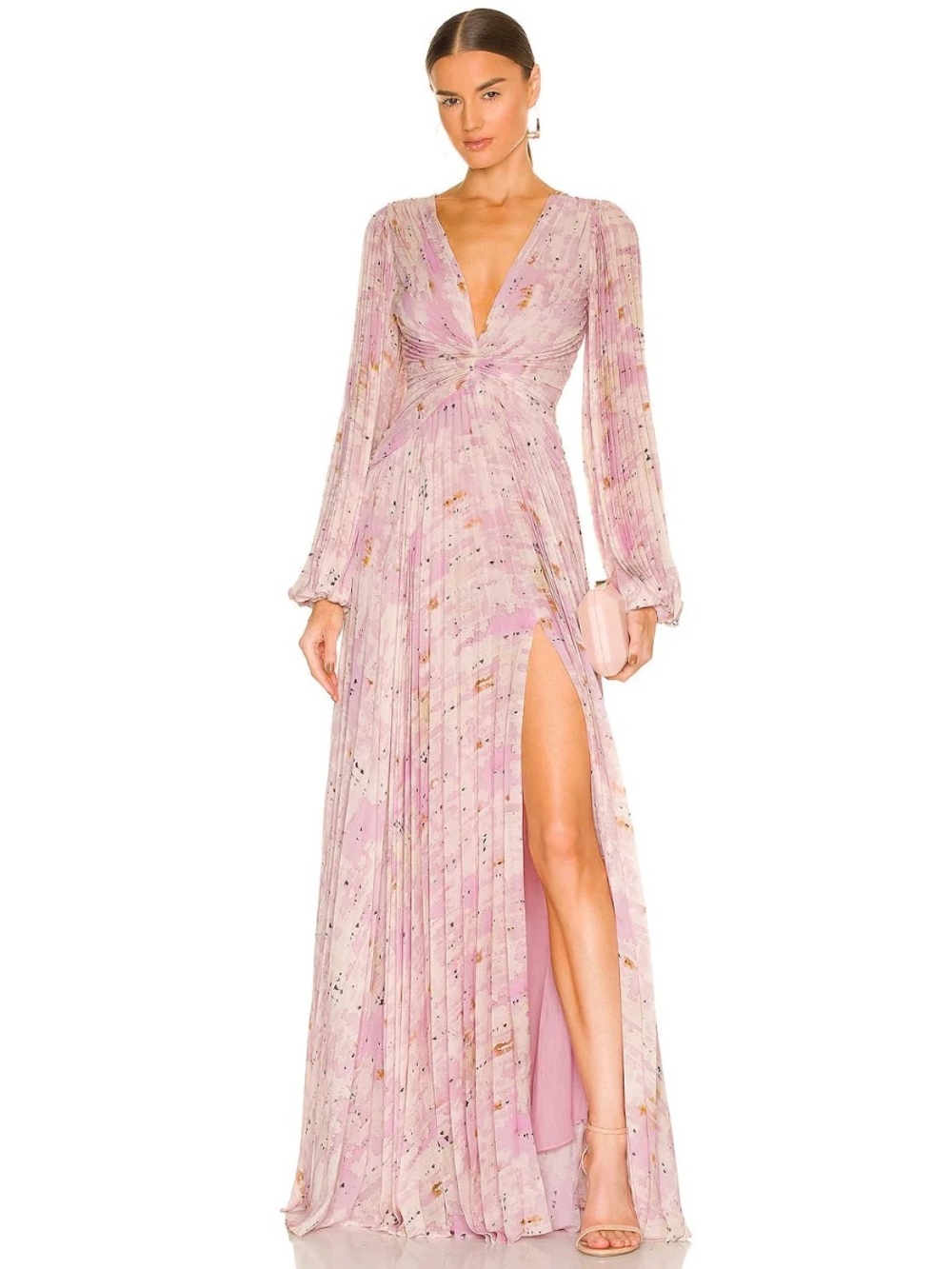 Alexis Blush Pink Pleated V-Neck Maxi Dress with High Slit
